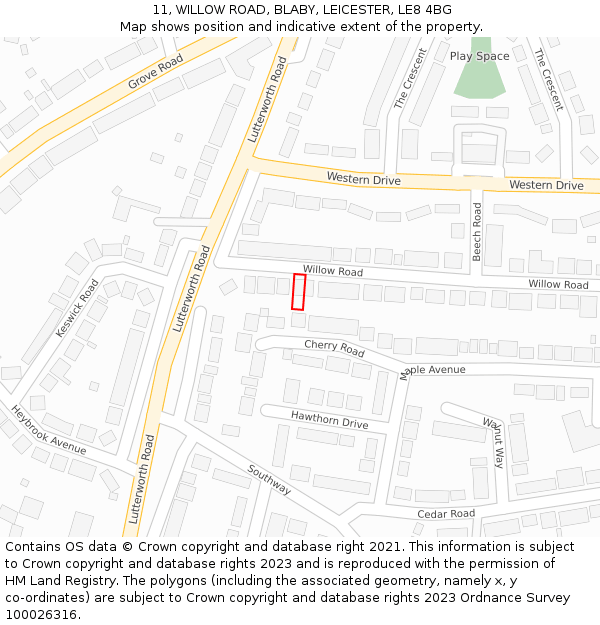 11, WILLOW ROAD, BLABY, LEICESTER, LE8 4BG: Location map and indicative extent of plot