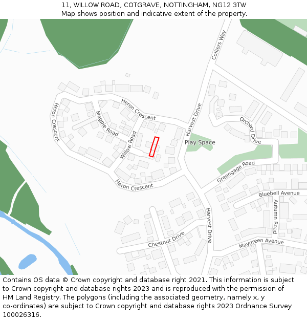 11, WILLOW ROAD, COTGRAVE, NOTTINGHAM, NG12 3TW: Location map and indicative extent of plot