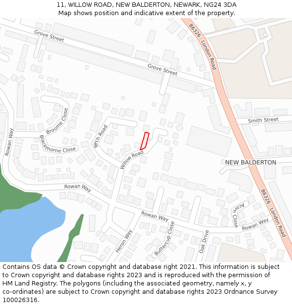 11, WILLOW ROAD, NEW BALDERTON, NEWARK, NG24 3DA: Location map and indicative extent of plot