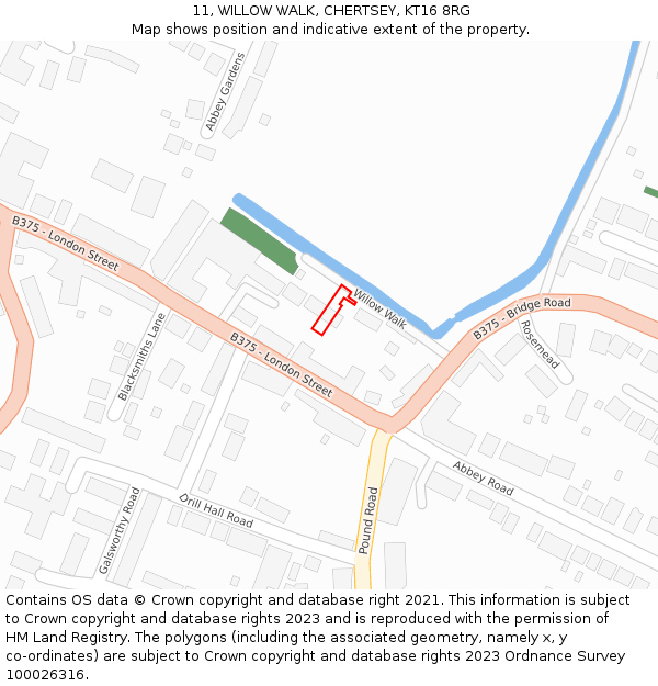 11, WILLOW WALK, CHERTSEY, KT16 8RG: Location map and indicative extent of plot