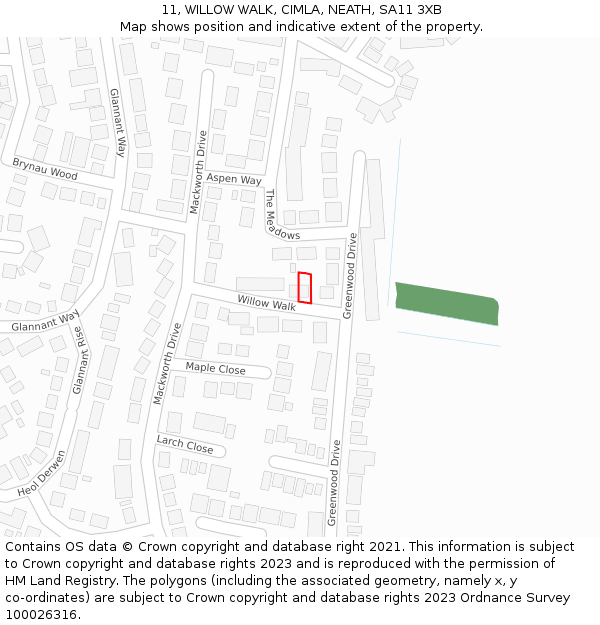 11, WILLOW WALK, CIMLA, NEATH, SA11 3XB: Location map and indicative extent of plot