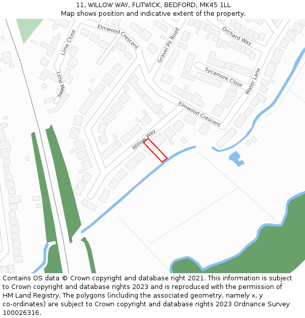 11, WILLOW WAY, FLITWICK, BEDFORD, MK45 1LL: Location map and indicative extent of plot