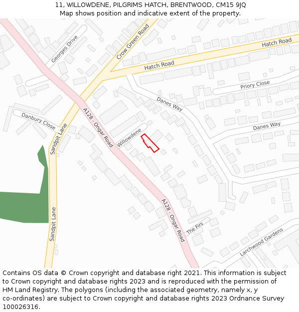 11, WILLOWDENE, PILGRIMS HATCH, BRENTWOOD, CM15 9JQ: Location map and indicative extent of plot