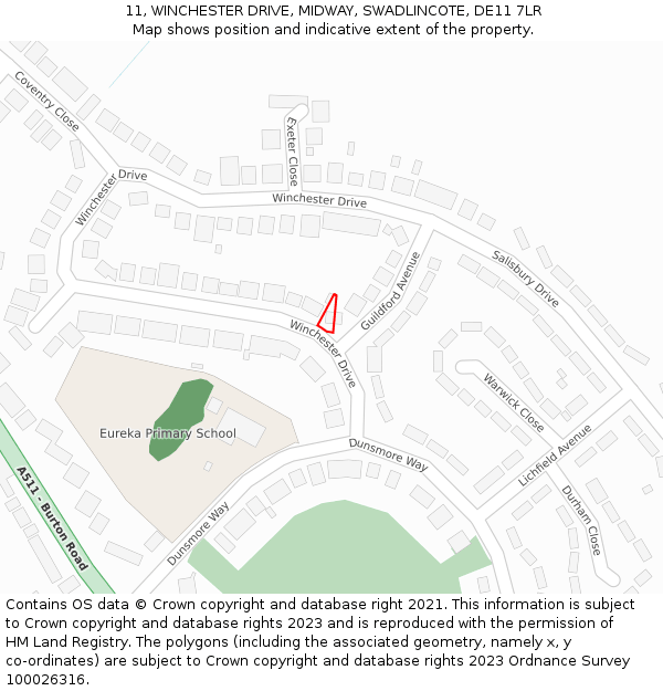 11, WINCHESTER DRIVE, MIDWAY, SWADLINCOTE, DE11 7LR: Location map and indicative extent of plot