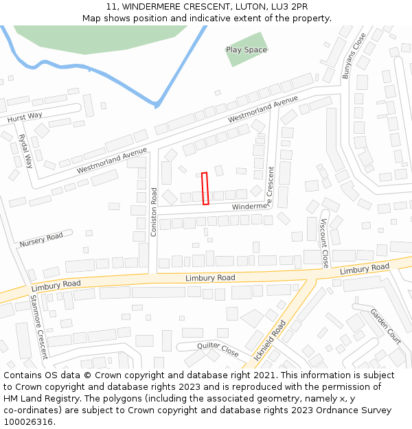 11, WINDERMERE CRESCENT, LUTON, LU3 2PR: Location map and indicative extent of plot