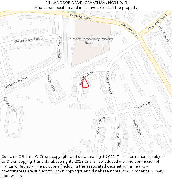 11, WINDSOR DRIVE, GRANTHAM, NG31 9UB: Location map and indicative extent of plot