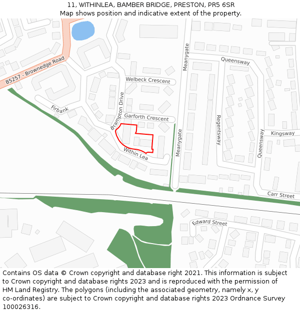 11, WITHINLEA, BAMBER BRIDGE, PRESTON, PR5 6SR: Location map and indicative extent of plot