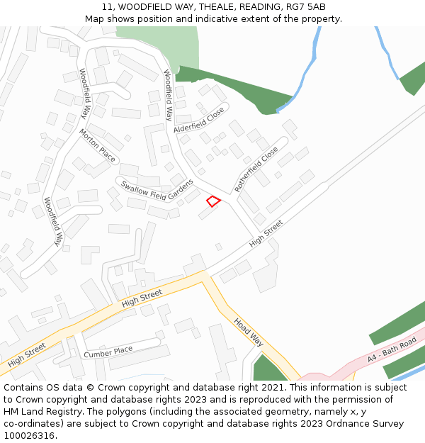 11, WOODFIELD WAY, THEALE, READING, RG7 5AB: Location map and indicative extent of plot