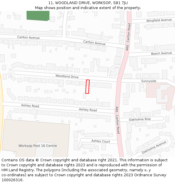 11, WOODLAND DRIVE, WORKSOP, S81 7JU: Location map and indicative extent of plot