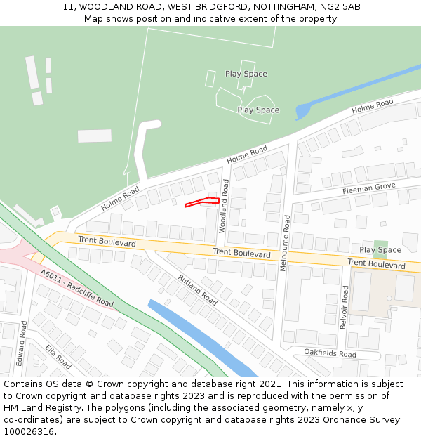 11, WOODLAND ROAD, WEST BRIDGFORD, NOTTINGHAM, NG2 5AB: Location map and indicative extent of plot