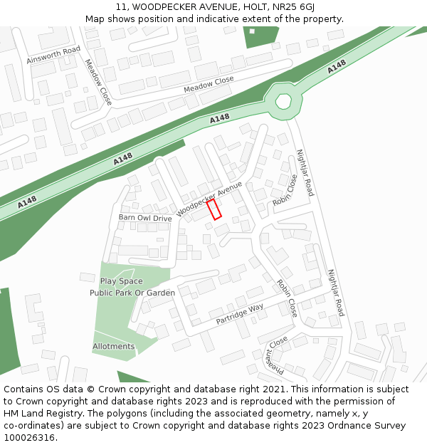 11, WOODPECKER AVENUE, HOLT, NR25 6GJ: Location map and indicative extent of plot