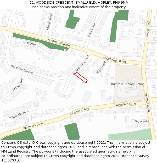 11, WOODSIDE CRESCENT, SMALLFIELD, HORLEY, RH6 9NA: Location map and indicative extent of plot