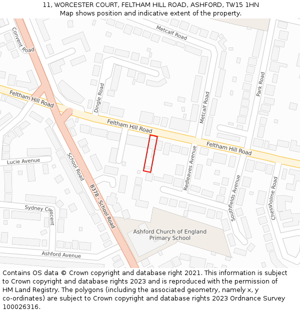 11, WORCESTER COURT, FELTHAM HILL ROAD, ASHFORD, TW15 1HN: Location map and indicative extent of plot