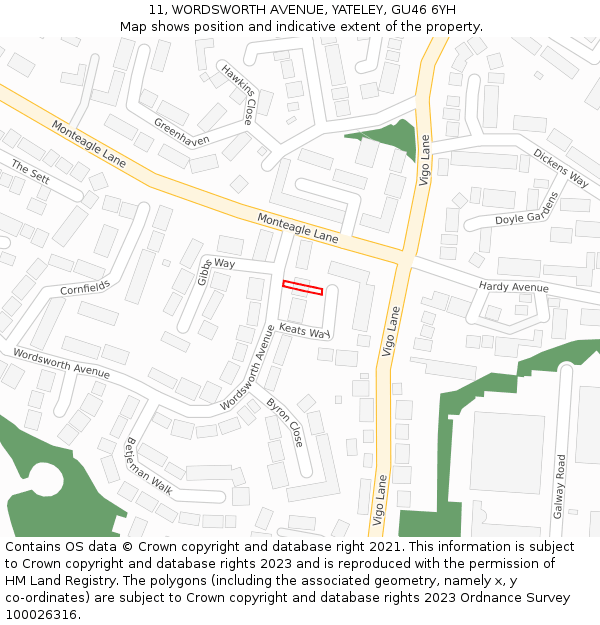 11, WORDSWORTH AVENUE, YATELEY, GU46 6YH: Location map and indicative extent of plot