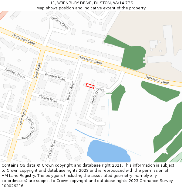 11, WRENBURY DRIVE, BILSTON, WV14 7BS: Location map and indicative extent of plot