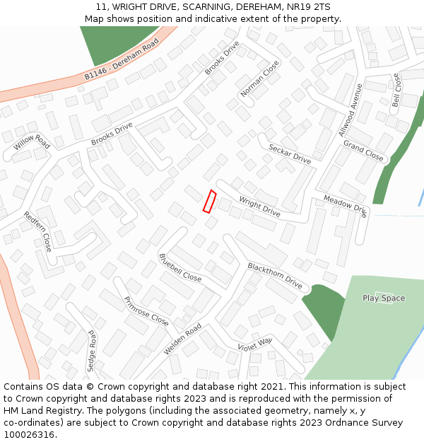 11, WRIGHT DRIVE, SCARNING, DEREHAM, NR19 2TS: Location map and indicative extent of plot