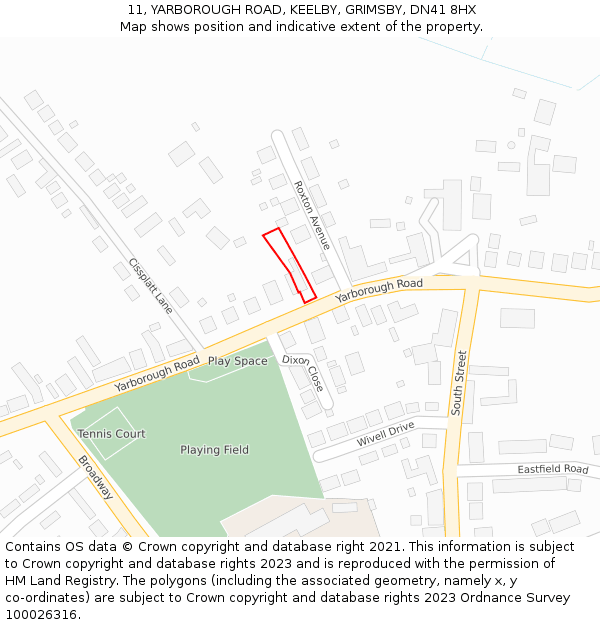 11, YARBOROUGH ROAD, KEELBY, GRIMSBY, DN41 8HX: Location map and indicative extent of plot