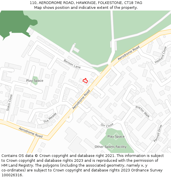 110, AERODROME ROAD, HAWKINGE, FOLKESTONE, CT18 7AG: Location map and indicative extent of plot