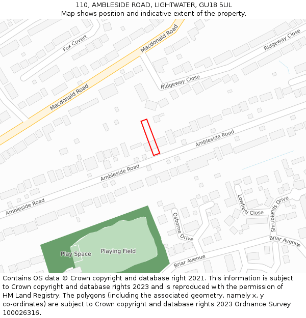 110, AMBLESIDE ROAD, LIGHTWATER, GU18 5UL: Location map and indicative extent of plot