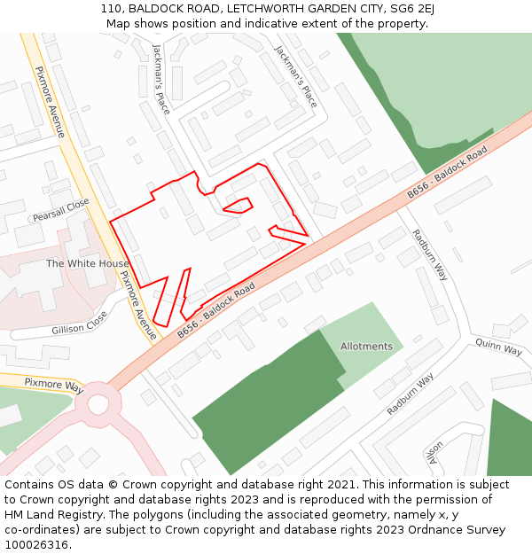 110, BALDOCK ROAD, LETCHWORTH GARDEN CITY, SG6 2EJ: Location map and indicative extent of plot