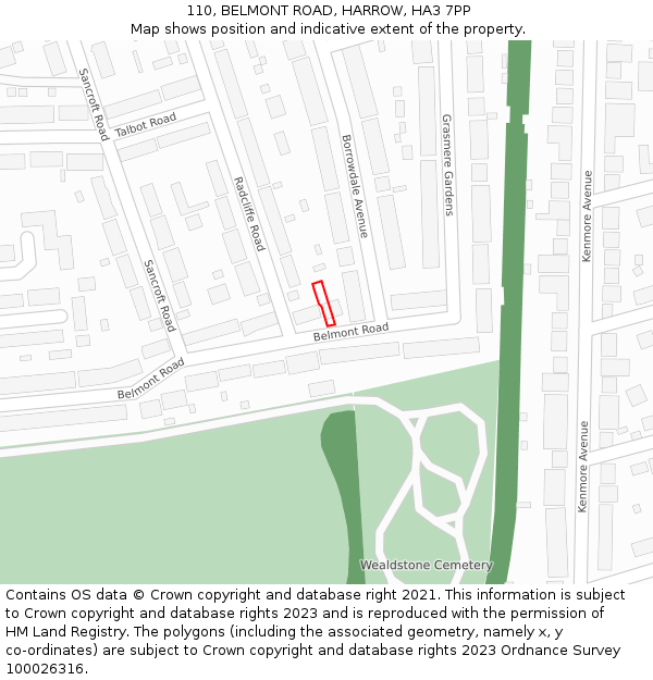 110, BELMONT ROAD, HARROW, HA3 7PP: Location map and indicative extent of plot