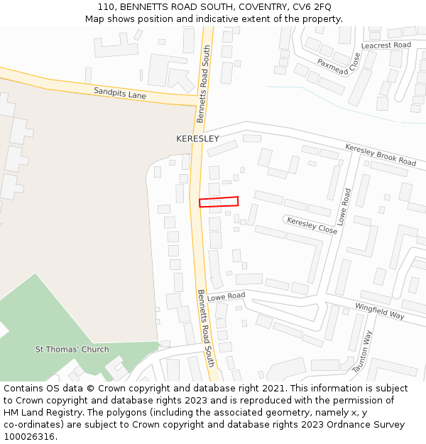 110, BENNETTS ROAD SOUTH, COVENTRY, CV6 2FQ: Location map and indicative extent of plot