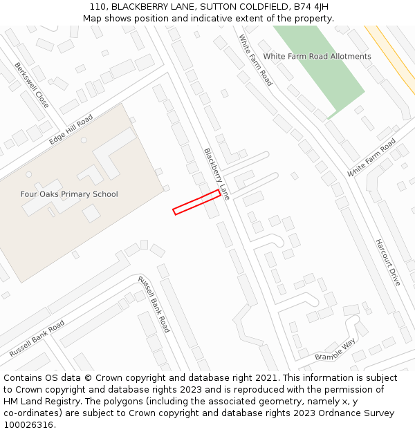 110, BLACKBERRY LANE, SUTTON COLDFIELD, B74 4JH: Location map and indicative extent of plot