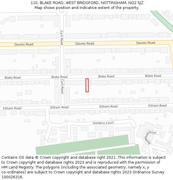 110, BLAKE ROAD, WEST BRIDGFORD, NOTTINGHAM, NG2 5JZ: Location map and indicative extent of plot