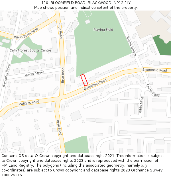 110, BLOOMFIELD ROAD, BLACKWOOD, NP12 1LY: Location map and indicative extent of plot