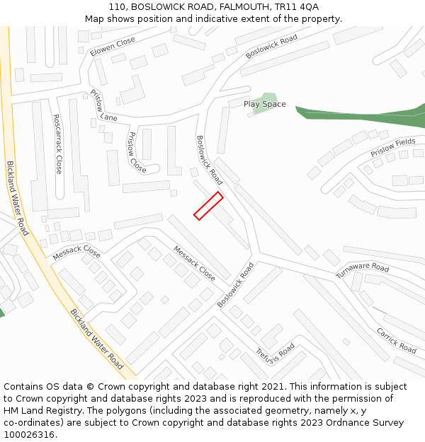 110, BOSLOWICK ROAD, FALMOUTH, TR11 4QA: Location map and indicative extent of plot