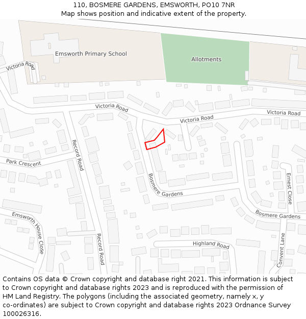 110, BOSMERE GARDENS, EMSWORTH, PO10 7NR: Location map and indicative extent of plot