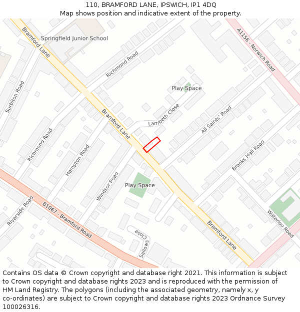 110, BRAMFORD LANE, IPSWICH, IP1 4DQ: Location map and indicative extent of plot