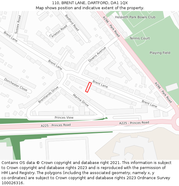 110, BRENT LANE, DARTFORD, DA1 1QX: Location map and indicative extent of plot