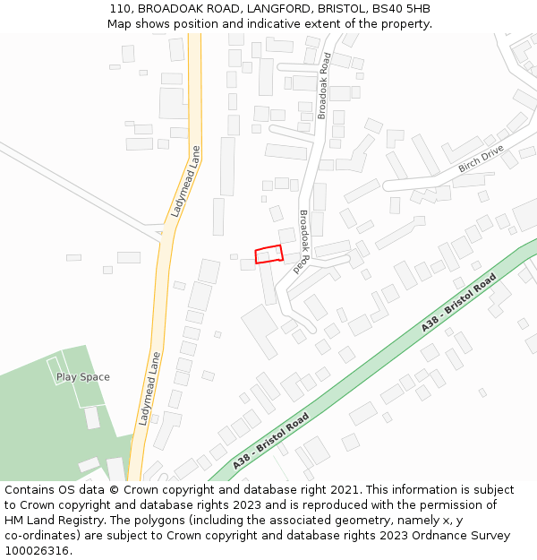 110, BROADOAK ROAD, LANGFORD, BRISTOL, BS40 5HB: Location map and indicative extent of plot