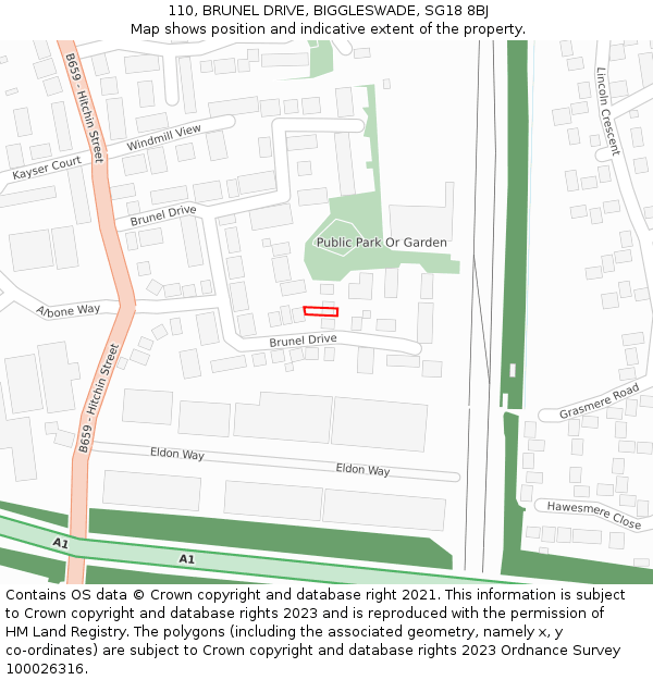 110, BRUNEL DRIVE, BIGGLESWADE, SG18 8BJ: Location map and indicative extent of plot