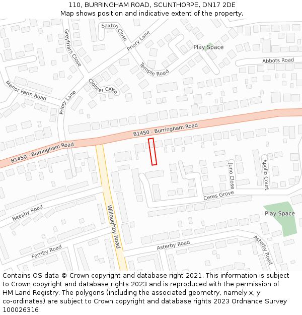 110, BURRINGHAM ROAD, SCUNTHORPE, DN17 2DE: Location map and indicative extent of plot