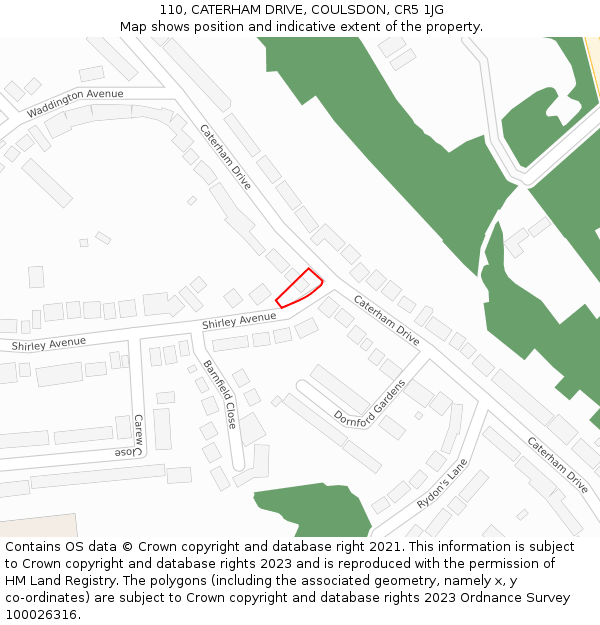 110, CATERHAM DRIVE, COULSDON, CR5 1JG: Location map and indicative extent of plot