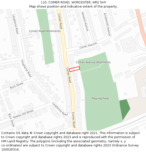 110, COMER ROAD, WORCESTER, WR2 5HY: Location map and indicative extent of plot