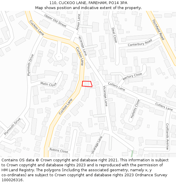 110, CUCKOO LANE, FAREHAM, PO14 3PA: Location map and indicative extent of plot