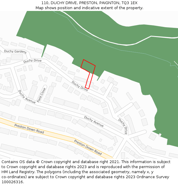 110, DUCHY DRIVE, PRESTON, PAIGNTON, TQ3 1EX: Location map and indicative extent of plot