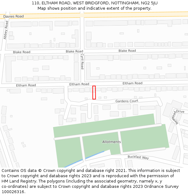 110, ELTHAM ROAD, WEST BRIDGFORD, NOTTINGHAM, NG2 5JU: Location map and indicative extent of plot