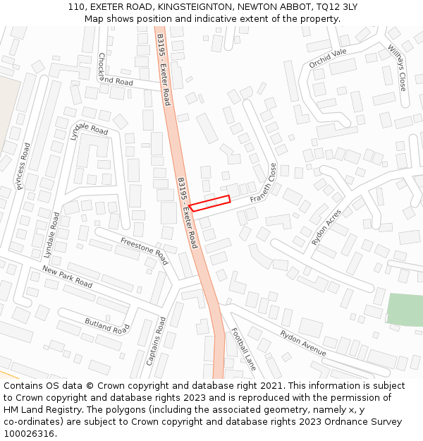 110, EXETER ROAD, KINGSTEIGNTON, NEWTON ABBOT, TQ12 3LY: Location map and indicative extent of plot