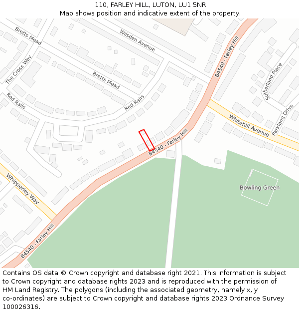 110, FARLEY HILL, LUTON, LU1 5NR: Location map and indicative extent of plot