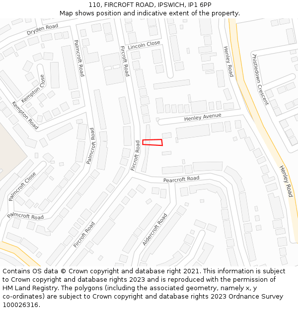 110, FIRCROFT ROAD, IPSWICH, IP1 6PP: Location map and indicative extent of plot