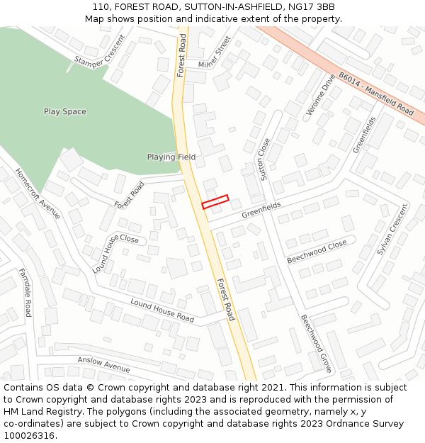 110, FOREST ROAD, SUTTON-IN-ASHFIELD, NG17 3BB: Location map and indicative extent of plot