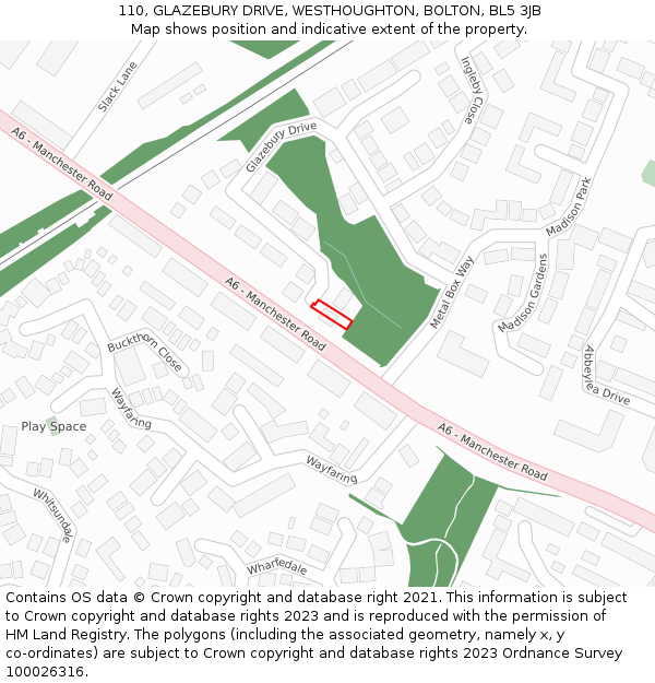 110, GLAZEBURY DRIVE, WESTHOUGHTON, BOLTON, BL5 3JB: Location map and indicative extent of plot