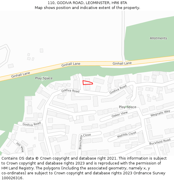 110, GODIVA ROAD, LEOMINSTER, HR6 8TA: Location map and indicative extent of plot