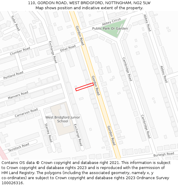 110, GORDON ROAD, WEST BRIDGFORD, NOTTINGHAM, NG2 5LW: Location map and indicative extent of plot