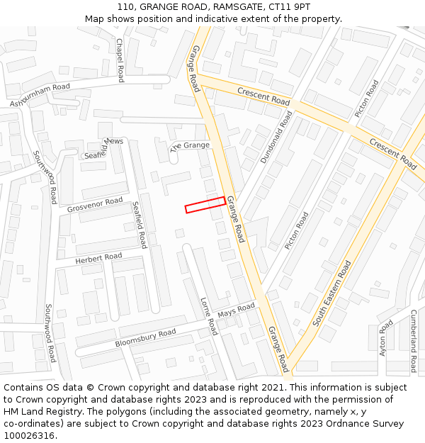 110, GRANGE ROAD, RAMSGATE, CT11 9PT: Location map and indicative extent of plot