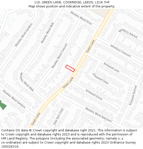 110, GREEN LANE, COOKRIDGE, LEEDS, LS16 7HF: Location map and indicative extent of plot